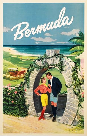 Bermuda Shorts for a man and woman, 1950s tourism poster