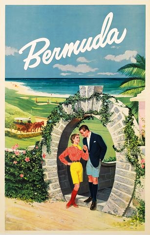 Bermudas para hombre y mujer, cartel del turismo 1950