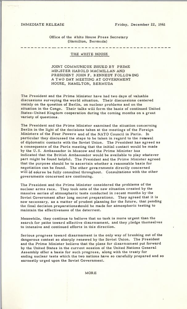 Kennedy Macmillan joint statement, Kennedy Library