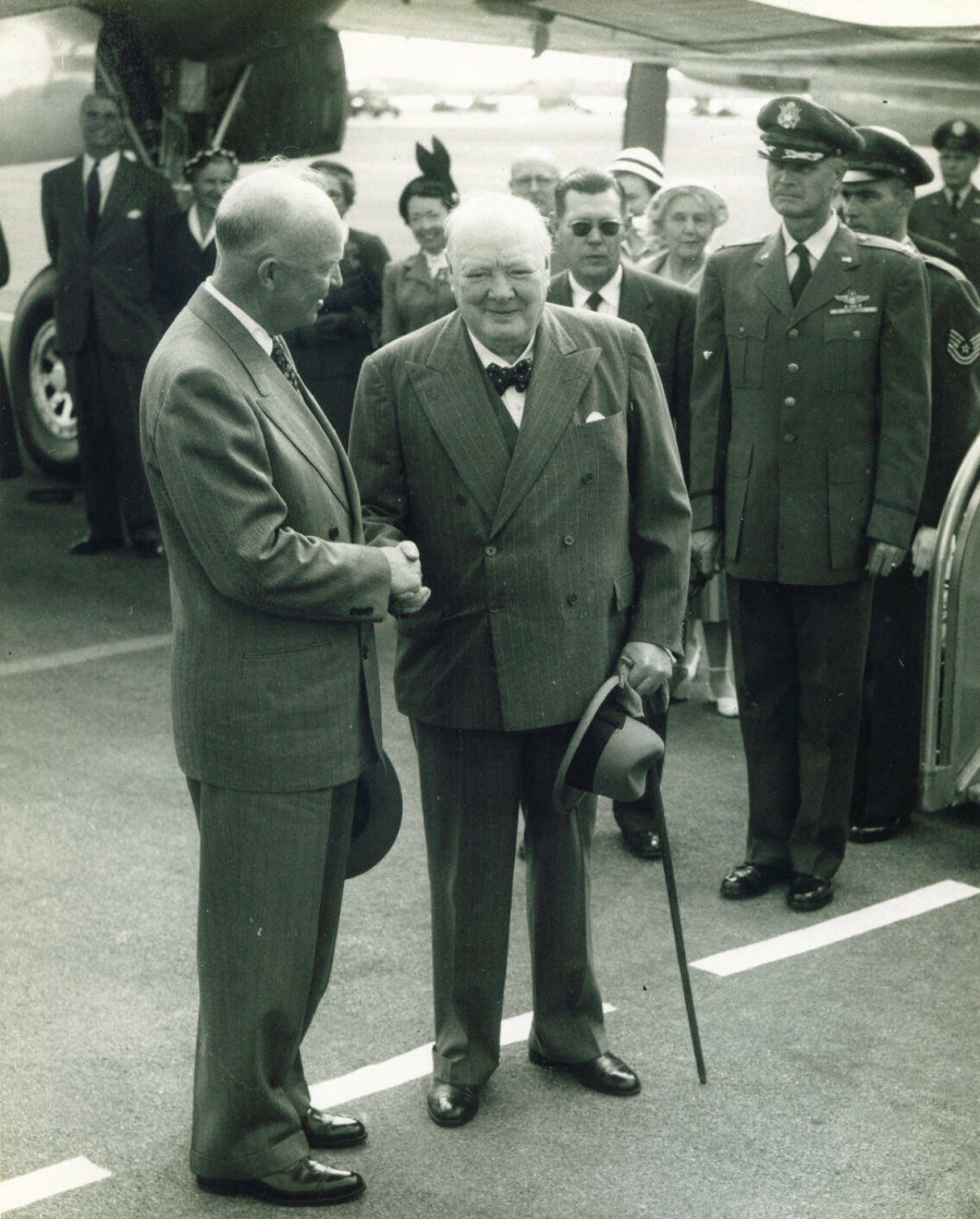 Churchill greeting Eisenhower at USA's Kindley Air Force Base, Bermuda